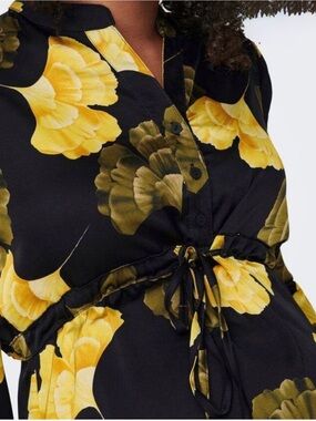 Only Black Long-Sleeve Midi Dress with Yellow Floral Print